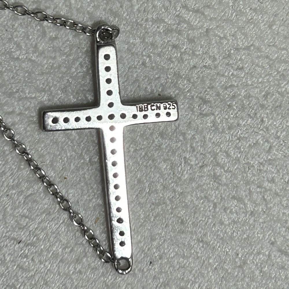 Sterling Silver Sideways Cross Necklace Dainty Clear Crystals Stamped 925 18"L - Picture 9 of 12